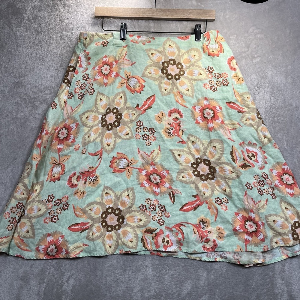 J.Jill A-Line Skirt Women's LP Aqua Green Floral 100% Linen Side Zip Preppy